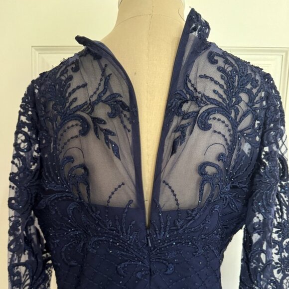 Juliet Womens Plus Bead Tea Length Dress 18W Navy Blue Sheer Lace Modest Midi 1X - Picture 9 of 15